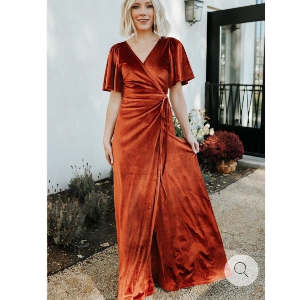 Baltic Born Meghan Velvet Wrap Maxi‎ Dress Burnt Orange Rustic Large NEW wedding